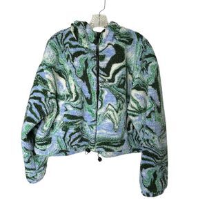 ASOS Design Womens Printed Borg Jacket in Blue 8 Teddy Bear Fleece Swirl Zip Up